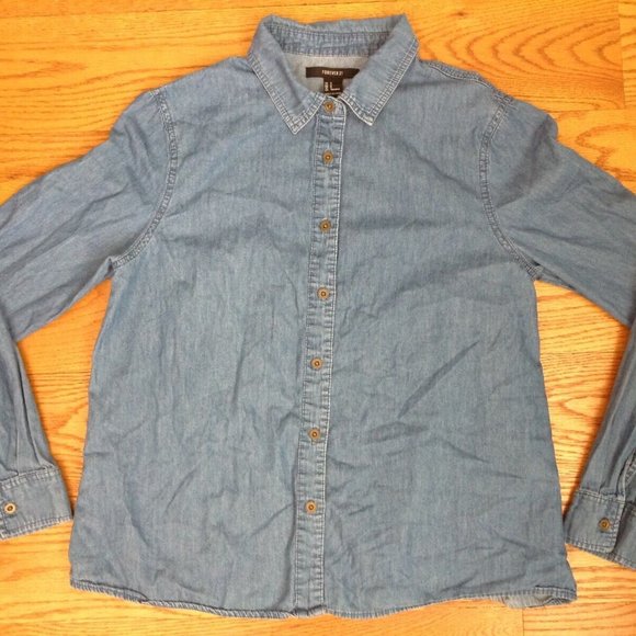 WOMENS S CHAMBRAY DENIM SHIRT LONG SLEEVE 100% COTTON BLUE 38.5"x 24" - Picture 11 of 12